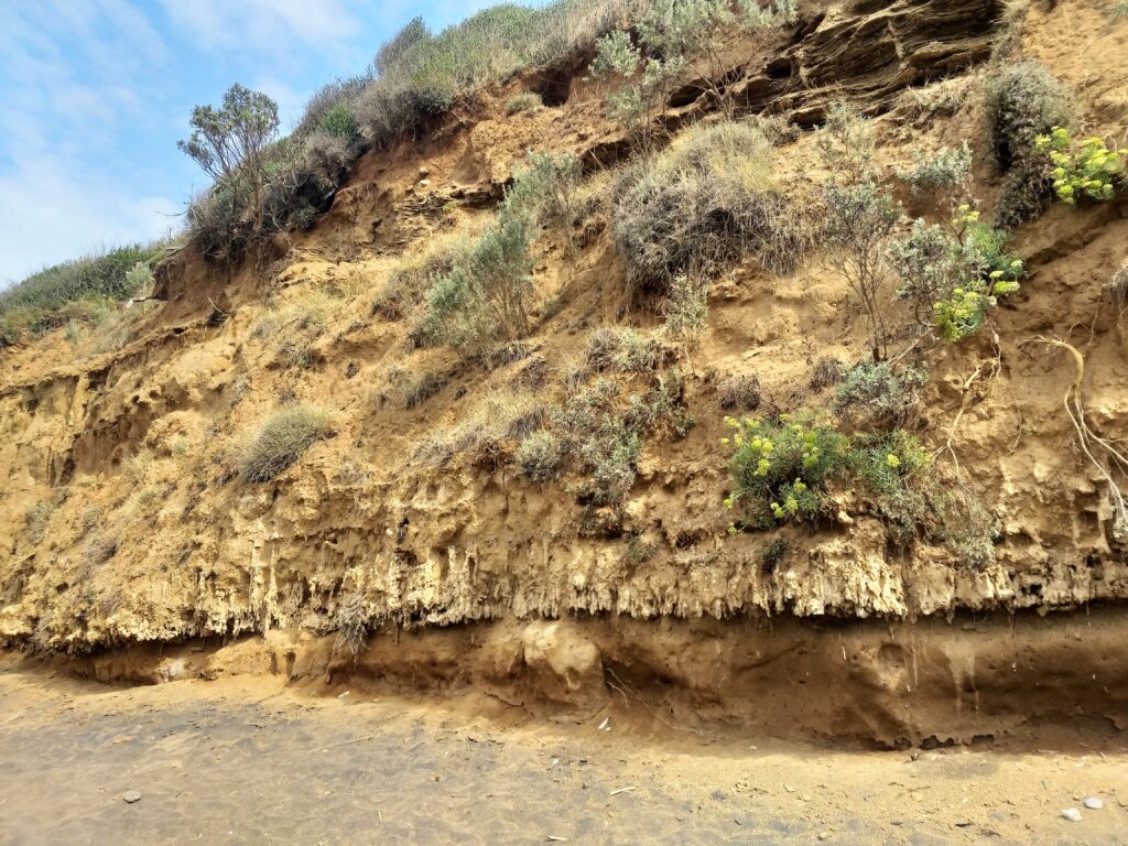 spiaggia di Baratti con depositi di scorie ferrose e sedimentazione sabbiose.